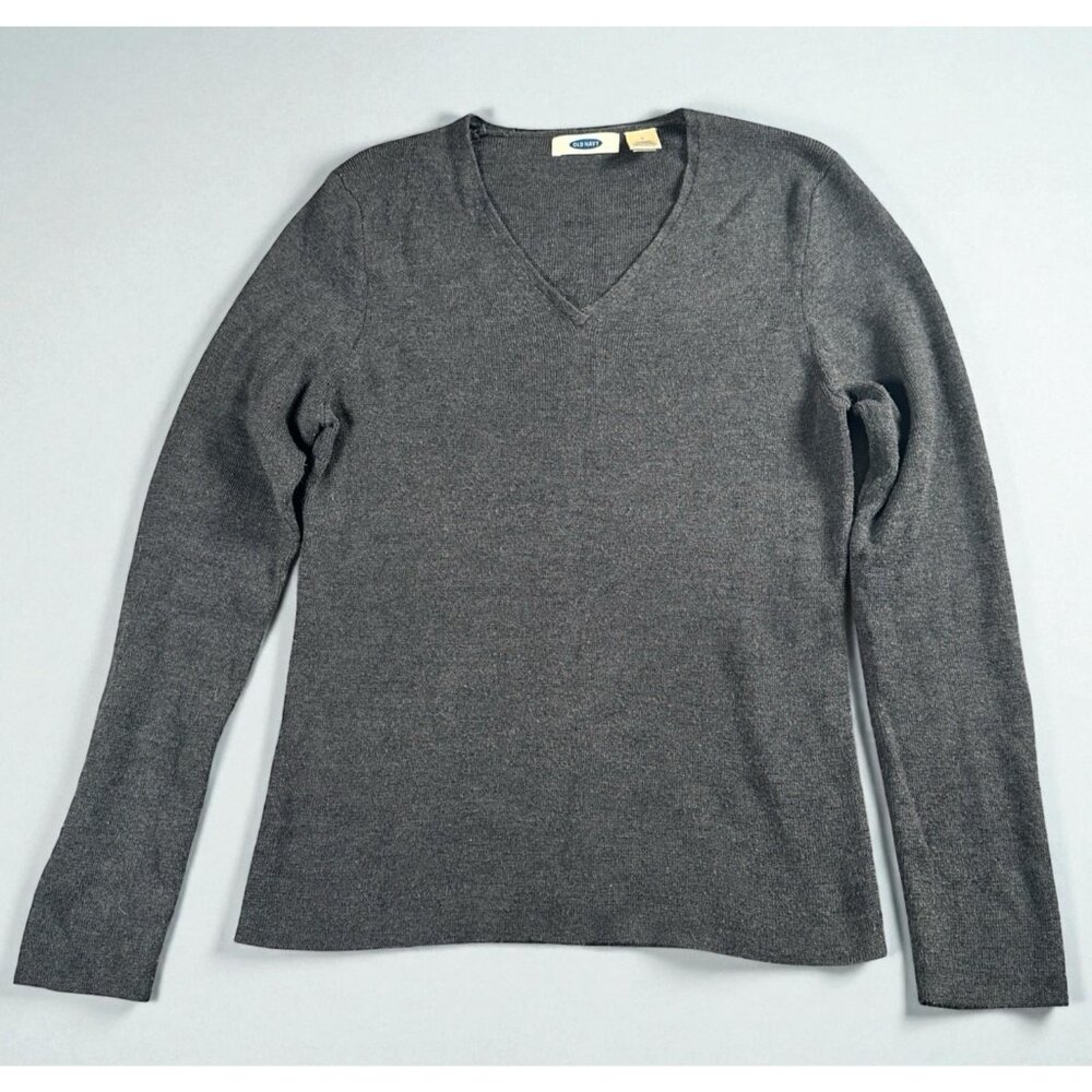 Vtg Y2K Old Navy Gray Wool Blend V-Neck Sweater Women’s L Small Minimalist Basic